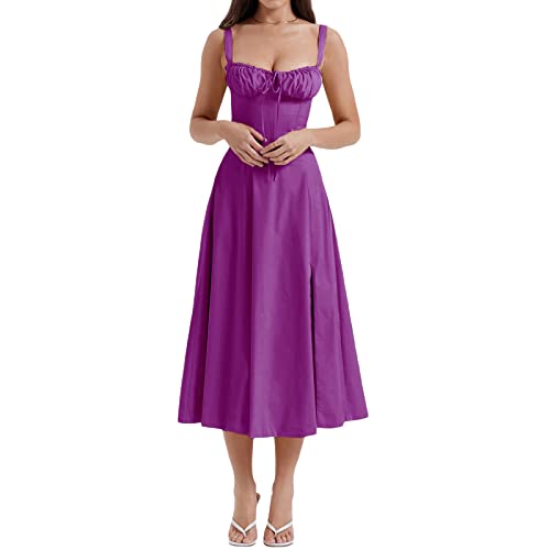 Damen Spaghettiträger Bustier Langes Kleid Viereckiger Ausschnitt Niedrig geschnitten Ärmellos A Line Schlitz Boho Floral Midikleid Spitzenbesatz Korsett Midi Sonnenkleid (Purple, S) von PDYLZWZY