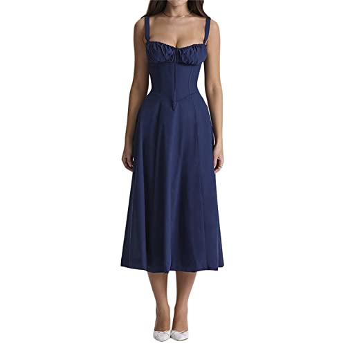 Damen Spaghettiträger Bustier Langes Kleid Viereckiger Ausschnitt Niedrig geschnitten Ärmellos A Line Schlitz Boho Floral Midikleid Spitzenbesatz Korsett Midi Sonnenkleid (z-Blue, M) von PDYLZWZY