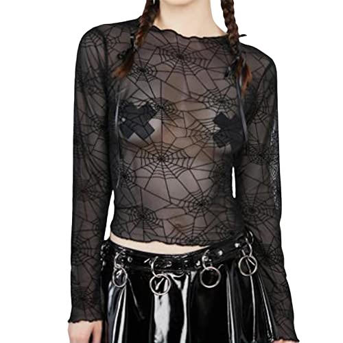 Damen Spider Web Mesh Durchsichtiges Mock Neck Langarm Sheer Durchsichtiges Oberteil T-Shirt Gothic Halloween Streetwear (Black, L) von PDYLZWZY