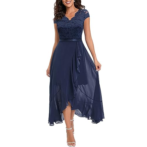 Damen Spitze Kappe Ärmel Kleid Casual Ruffle High Low Party A-Linie Kleid V-Ausschnitt Elegante Spitze Ruffle Brautjungfer Maxi Kleid (Blue, L) von PDYLZWZY