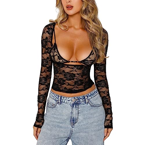 Damen Spitzen-Langarm-Shirt-Oberteil Y2K Slim Fit Blumenstickerei Sheer Mesh Crop Top Sexy Low Cut Durchsichtiges Top T-Shirt Streetwear (Black, S) von PDYLZWZY