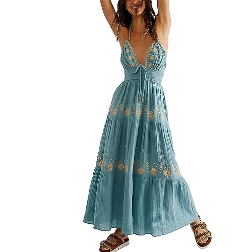 Damen-Strandkleid, rückenfrei, zum Binden, Neckholder, Rüschen, tiefer V-Ausschnitt, Maxi-Boho-Flowy, gestuft, Swing-A-Linie, langes Kleid (Blue, M) von PDYLZWZY