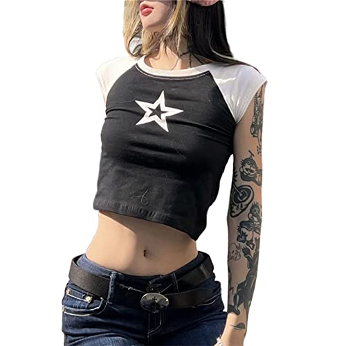 Damen Teenager Mädchen Vintage Ästhetische T-Shirts Shirts Niedliche Grafik Star Print Crop Tops Y2k Fairy Grunge Trendige Kleidung (Black, Medium) von PDYLZWZY