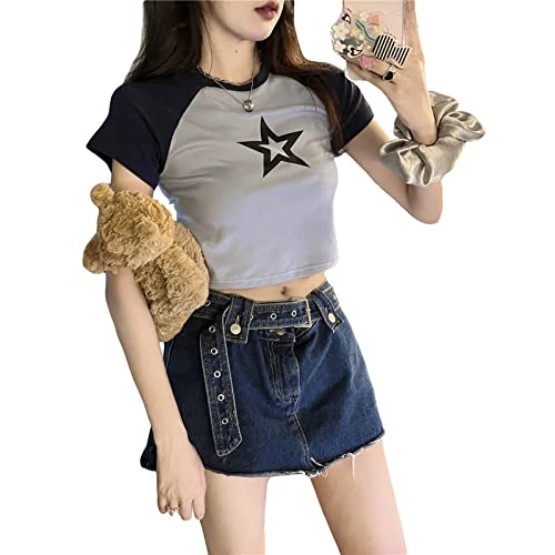 Damen Teenager Mädchen Vintage Ästhetische T-Shirts Shirts Niedliche Grafik Star Print Crop Tops Y2k Fairy Grunge Trendige Kleidung (Blue Black, L) von PDYLZWZY