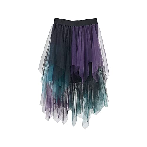 Damen Tüllrock A-Linie hoch niedrig asymmetrisch 3 geschichtet Midi Länge elastische Taille Tutu Röcke (Purple Green Black, One Size) von PDYLZWZY