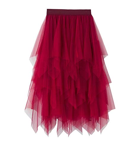 Damen Tüllrock A-Linie hoch niedrig asymmetrisch 3 geschichtet Midi Länge elastische Taille Tutu Röcke (Red, ONE Size) von PDYLZWZY