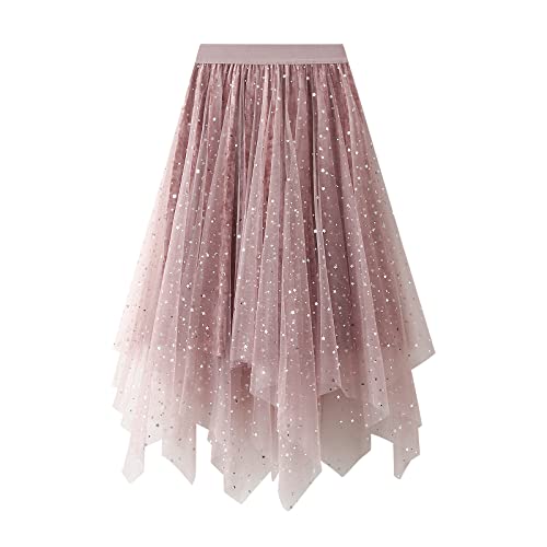 Damen Tüllrock A-Linie hoch niedrig asymmetrisch 3 geschichtet Midi Länge elastische Taille Tutu Röcke (h-Pink, One Size) von PDYLZWZY