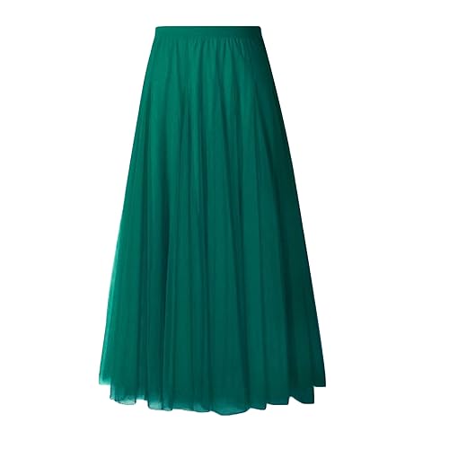 Damen-Tüllröcke, Midi, elastisch, hohe Taille, Plissiertes Netz, fließend, A-Linie, Party, Lange Tutu-Röcke, Heimkehrkleid (Dark Green, One Size) von PDYLZWZY