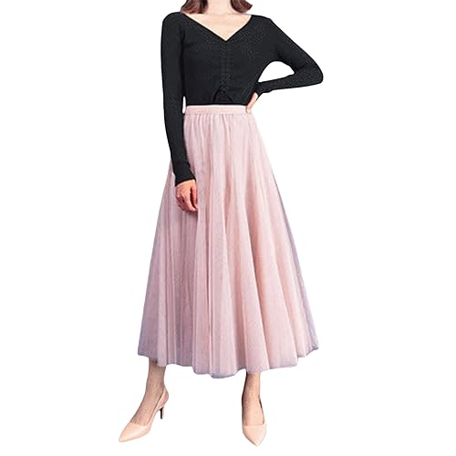 Damen-Tüllröcke, Midi, elastisch, hohe Taille, Plissiertes Netz, fließend, A-Linie, Party, Lange Tutu-Röcke, Heimkehrkleid (Pink, One Size) von PDYLZWZY