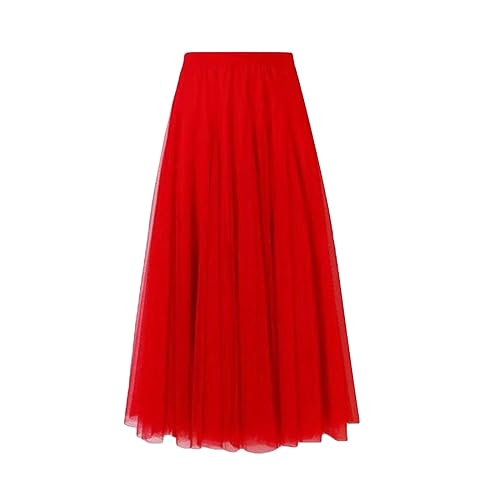 Damen-Tüllröcke, Midi, elastisch, hohe Taille, Plissiertes Netz, fließend, A-Linie, Party, Lange Tutu-Röcke, Heimkehrkleid (Red, One Size) von PDYLZWZY