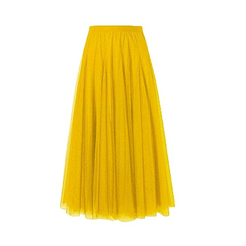 Damen-Tüllröcke, Midi, elastisch, hohe Taille, Plissiertes Netz, fließend, A-Linie, Party, Lange Tutu-Röcke, Heimkehrkleid (Yellow, One Size) von PDYLZWZY