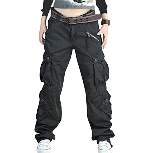 Damen Vintage Baggy Cargo Hose hohe Taille weites gerades Bein Punk Grunge Hip Hop Cargohose mit Tasche (Black, XXL) von PDYLZWZY