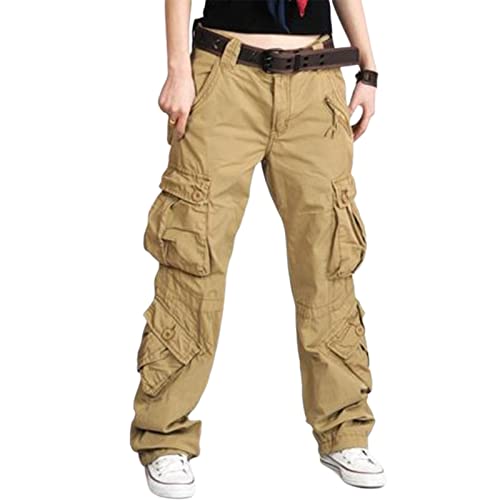 Damen Vintage Baggy Cargo Hose hohe Taille weites gerades Bein Punk Grunge Hip Hop Cargohose mit Tasche (Khaki, L) von PDYLZWZY