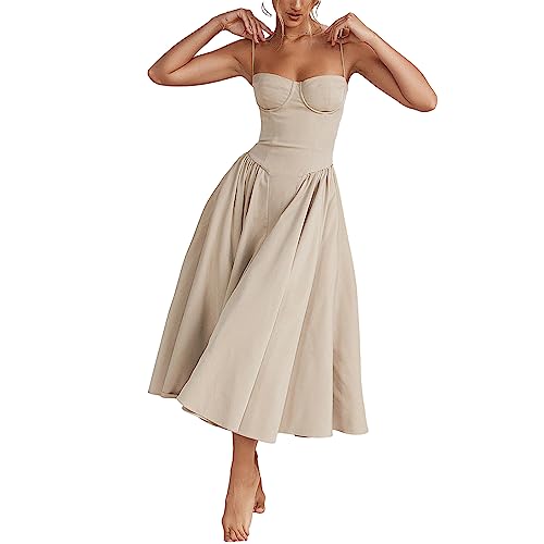 Damen Vintage Korsettkleid Viereckiger Hals Bandage Schlitz Langes Kleid Ärmelloses Spitzenbesatz Swing Elegantes Midi Party Cocktailkleid (Gray, M) von PDYLZWZY