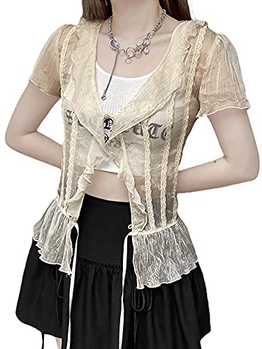 Damen Vintage Y2K Spitze Crop Top Kurzarm See Through Mesh Fairycore Strickjacke Spitze E-Girl Crop Tshirts (Gelb, L) von PDYLZWZY