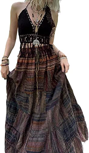 Damen Y2K Hohe Taille Langer Midi Rock 90s E-Girl Gothic Ästhetisch Patchwork Rüschen Swing Lässig Maxi Rock Streetwear (Kaffee, L) von PDYLZWZY