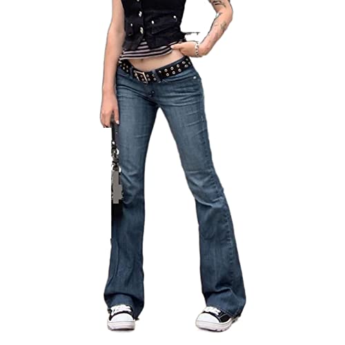 Damen Y2K Low Rise Straight Wide Leg Hose Ästhetische Baggy Pants Grunge Denim Schlaghose Harajuku Flare Jeans (A, 2XL) von PDYLZWZY