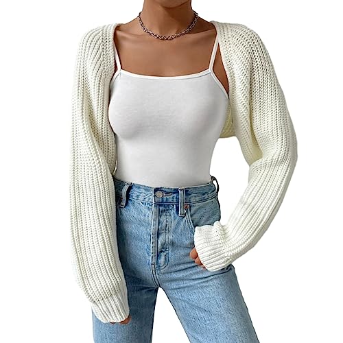 Damen Y2K vorne offen abgeschnitten Strickjacke Langarm solide Farbe gerippt Stricken Shrug Pullover Bolero Tops (White, M) von PDYLZWZY