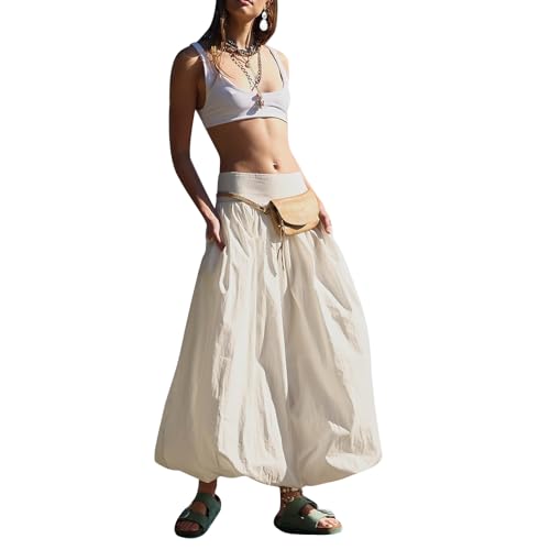Damen Y2k Bubble Langer Rock Elastische Taille Aline Maxi Puffrock Rüschensaum Sommer Ballonröcke Rüschen Plissee Midikleid (Ivory, XL) von PDYLZWZY