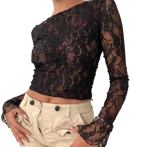 Damen Y2k Spitze Langarm Top Durchsichtig Off Shoulder Mesh Crop Top Floral Slim Fit Layering Top T Shirts Bluse Streetwear (Black, M) von PDYLZWZY