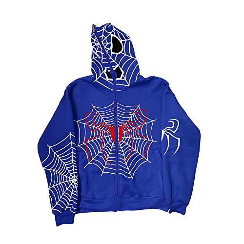 Damen Zip -up -Hoodie Fashion Punk Spider Web Print Sportmantel Hip Hop Joggers Pullover 90er Streetwear Grunge Hoodies Y2K (Blue, Large) von PDYLZWZY