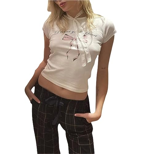 Damen beschnitten Baby Tees Y2k niedliche Grafik Brief drucken Crop Top für Teenager-Mädchen ästhetische Slim Fit Casual Streetwear T Shirt (White, L) von PDYLZWZY