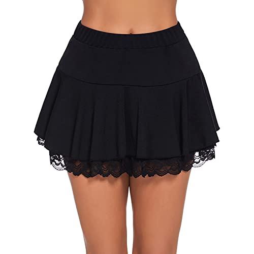 DamenPlissee Minirock Sexy Spitze Rüschen Fester Rock Dessous Kurze Röcke Schulmädchen Skater Rock (Black, XL) von PDYLZWZY