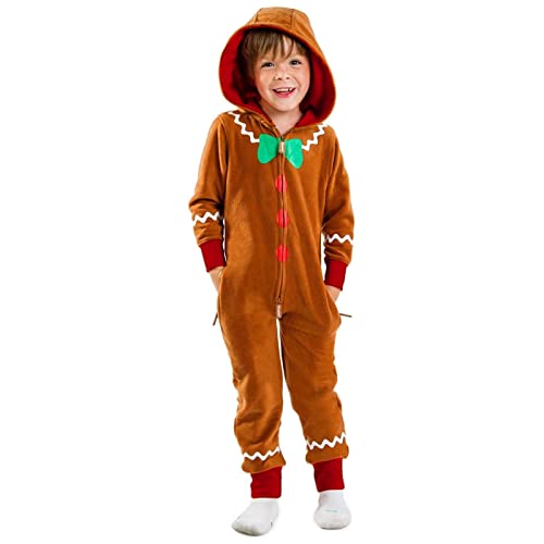 Familien-passendes Weihnachts-Lebkuchen-Kostüm, langärmlig, mit Reißverschluss und Kapuze, Overall für Erwachsene, Kinder, Party, Cosplay, Weihnachts-Einteiler (Kids , Brown Kids , 11-12 Years ) von PDYLZWZY