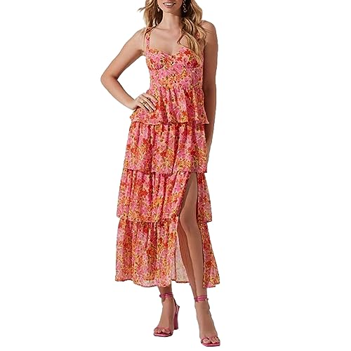 Geblümtes Maxikleid Spaghetti Quadratischer Ausschnitt Gestufte Lagenkleider A Line Lange Rüschenkleider Rückenfreies Gesmoktes Swingkleid (Red, S) von PDYLZWZY