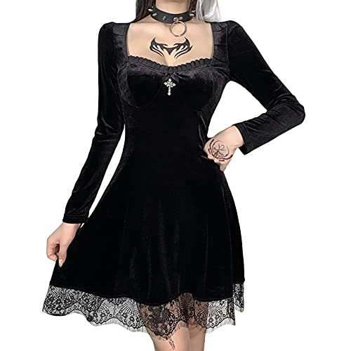 Gothic Retro Ärmelloses Minikleid Lolita Samt A-Linie Spitzenkleid Spaghettiträger Vintage Punk Gothic Kleid (z7, S) von PDYLZWZY