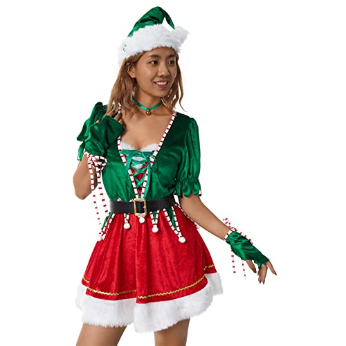 Herren Weihnachten Elf Kostüm Deluxe Santa Anzug Erwachsene Kostüme Urlaub Halloween Cosplay Set 6 Stück Mantel Hut Hose Gürtel (C, L) von PDYLZWZY