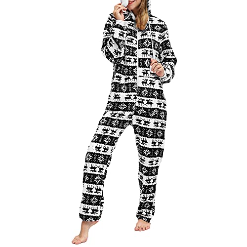 Jumpsuit Damen Overall Winter Kuscheliger Hausanzug One Piece Pyjamas Santa-Muster drucken Weihnachten Einteiler Schlafanzug Strampler mit Kapuze und Reißverschluss (Z4, L) von PDYLZWZY