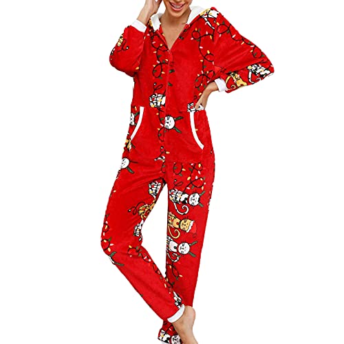 Jumpsuit Damen Overall Winter Kuscheliger Hausanzug One Piece Pyjamas Santa-Muster drucken Weihnachten Einteiler Schlafanzug Strampler mit Kapuze und Reißverschluss (Z6, L) von PDYLZWZY