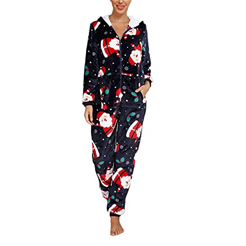 Jumpsuit Damen Overall Winter Kuscheliger Hausanzug One Piece Pyjamas Santa-Muster drucken Weihnachten Einteiler Schlafanzug Strampler mit Kapuze und Reißverschluss (Z8, S) von PDYLZWZY