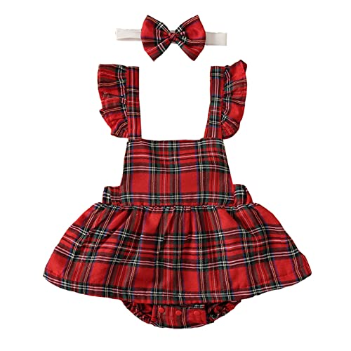 Kleinkind Baby Mädchen Weihnachten Strampler Kleid Set, ärmellose Quadrathalsplaid A-Line Rüschenkleid + Bowknot-Stirnband für Mädchen Weihnachtskleidung 2pcs (Red, 0-6 Months) von PDYLZWZY