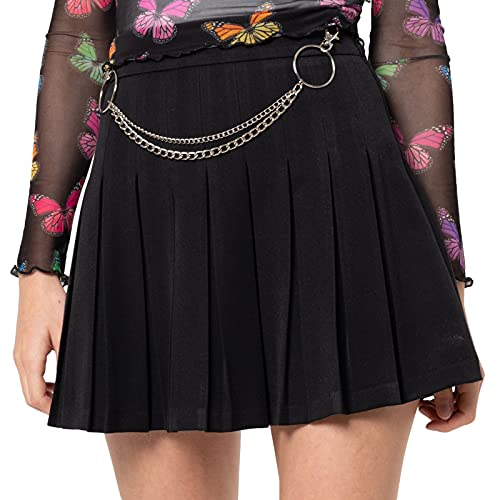 Mädchen Damen Hoch taillierter Faltenrock A-Linie Minirock Skater Tennis Schuluniform Röcke mit Kette Plus Size (Schwarz, XS) von PDYLZWZY