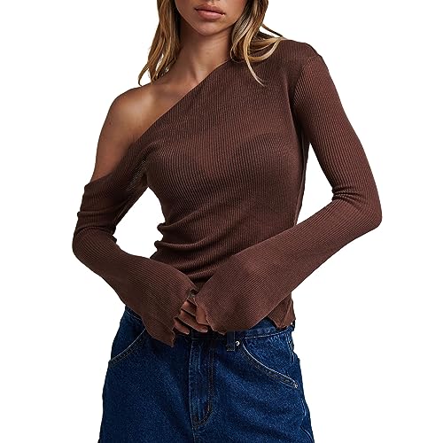 One-Shoulder-Strickoberteile für Damen Unregelmäßiges Schulterfreies Geripptes Langarm-T-Shirt mit schmalen Ärmeln und abgeschnittenem Pullover Y2K Clubwear (Brown, S) von PDYLZWZY