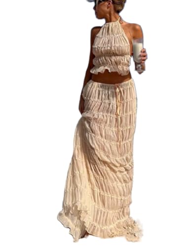 PDYLZWZY 2-teiliges Maxirock-Set für Damen, ärmelloses Neckholder-Tanktop mit Schnürung und fließender langer Rock mit hoher Taille und Sommer-Rüschen-Outfits (Apricot, M) von PDYLZWZY