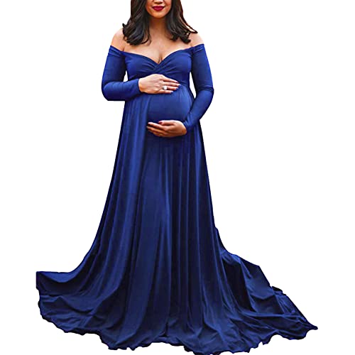 PDYLZWZY Amen Umstandskleid Elegant Langarm V-Ausschnitt Schulterfrei Maxikleid für Fotoshooting Meerjungfrau Bodenlang Langarmkleid Hochzeit (Bright Blue, Medium) von PDYLZWZY