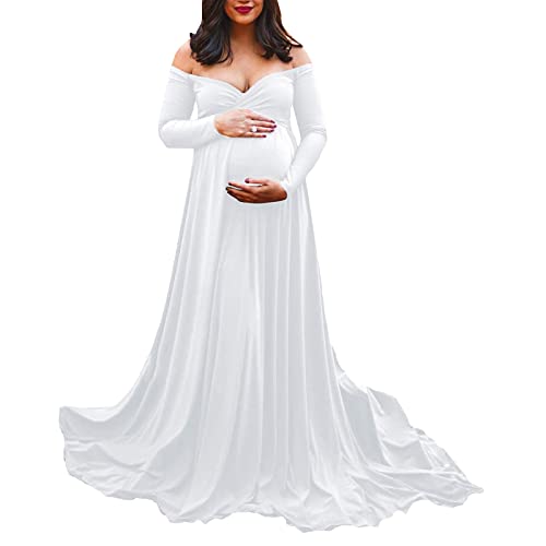 PDYLZWZY Amen Umstandskleid Elegant Langarm V-Ausschnitt Schulterfrei Maxikleid für Fotoshooting Meerjungfrau Bodenlang Langarmkleid Hochzeit (White, Large) von PDYLZWZY