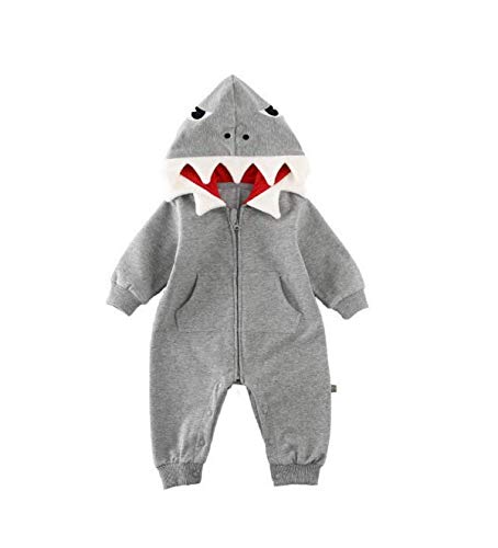 PDYLZWZY Baby Junge Mädchen Hai mit Kapuze Strampler Lange Ärmel Niedlich Reißverschluss mit Kapuze Baumwolle Warm Jumpsuit mit Taschen Bodysuit Baby Kostüm Onesie (Grey, 6-12 Months) von PDYLZWZY