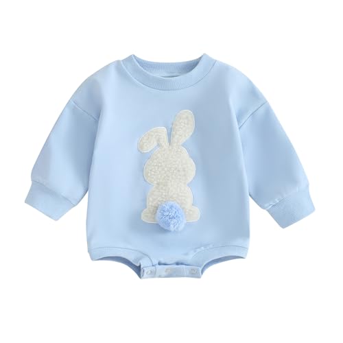 PDYLZWZY Baby Junge Mädchen Ostern Outfit Kaninchen Sweatshirt Overall Langarm Fuzzy Bunny Stickerei Rundhals Strampler (Blue, 0-6 Months) von PDYLZWZY