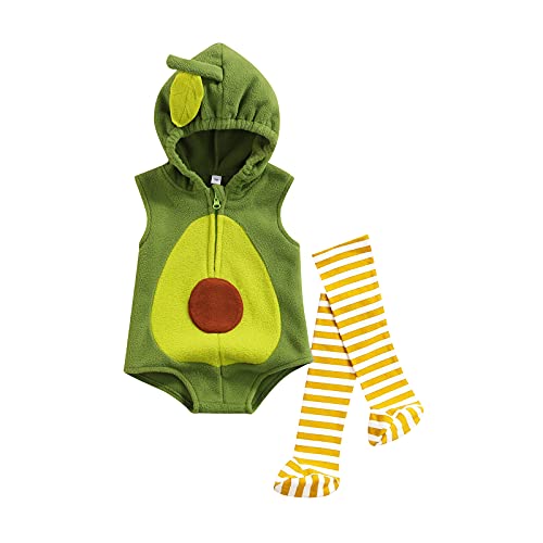 PDYLZWZY Baby Jungen Mädchen Halloween Kostüme ärmelloses Kapuzenbodysuit Rüschen Strampler gestreiftes Bein wärmer 2pcs Ananas -Outfits Dress Up Up (Green, 6-12 Months) von PDYLZWZY
