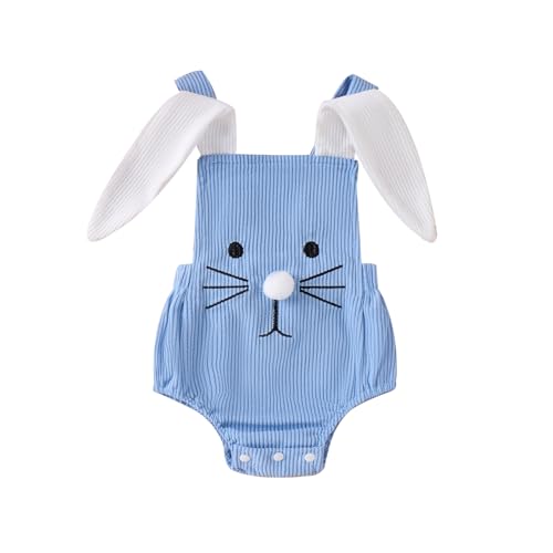 PDYLZWZY Baby-Mädchen-Jungen-Ostern-Strampler, Kaninchen-Stickerei, Hasenohren, Träger, ärmellose Bodys, mein erstes Oster-Baby-Outfit für Mädchen (Blue, 0-3 Months) von PDYLZWZY