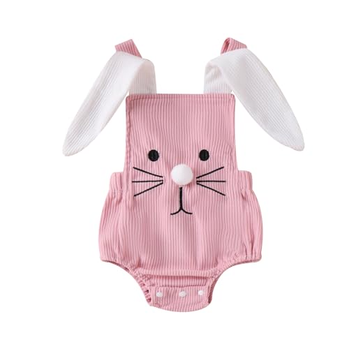 PDYLZWZY Baby-Mädchen-Jungen-Ostern-Strampler, Kaninchen-Stickerei, Hasenohren, Träger, ärmellose Bodys, mein erstes Oster-Baby-Outfit für Mädchen (Pink, 3-6 Months) von PDYLZWZY