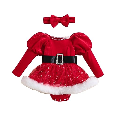 PDYLZWZY Baby Mädchen Weihnachtskleid Santa Claus Strampler Kleid Rot Samt Langarm Prinzessin Bodys Kleid mit Stirnband (Red, 12-18 Months) von PDYLZWZY