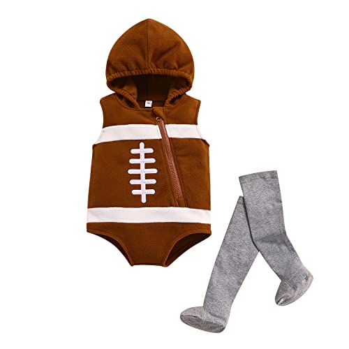 PDYLZWZY Baby Strampler Set Kreatives Rugby -Fußball -Outfit Ärmellose Jumpsuit mit Zipper -Kapuze mit Zipper -Kostüme für Fußballspieler (Brown, 12-18 M) von PDYLZWZY