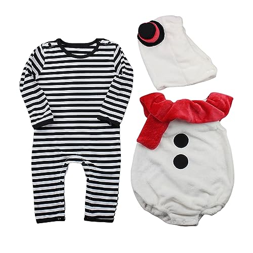 PDYLZWZY Baby Weihnachten Schneemann Strampler Set Kleinkind Jungen Mädchen Gestreiften Langarm Body Schneemann Overall Kleinkind Kostüme Weihnachten Kleidung (White, 12-18 Months) von PDYLZWZY