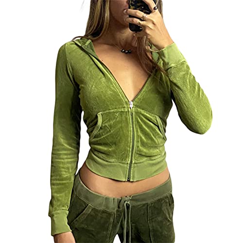 PDYLZWZY Damen 2-teiliges Samt-Trainingsanzug-Set Herz-Print-Langarm-Crop-Reißverschluss-Hoodie und Jogginghose Y2K Trainingsanzug-Set (Green Tops#1, M) von PDYLZWZY