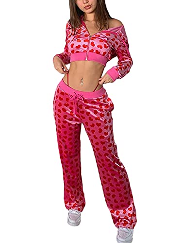 PDYLZWZY Damen 2-teiliges Samt-Trainingsanzug-Set Herz-Print-Langarm-Crop-Reißverschluss-Hoodie und Jogginghose Y2K Trainingsanzug-Set (Roter Hoodie, L) von PDYLZWZY